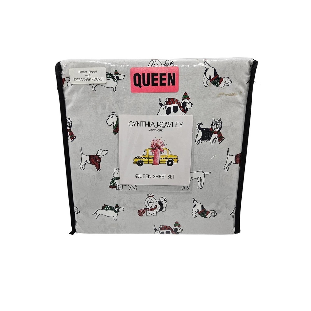 Cynthia Rowley Christmas‎ Dog QUEEN Sheet Set Holiday Winter Sweater Scarf XDeep